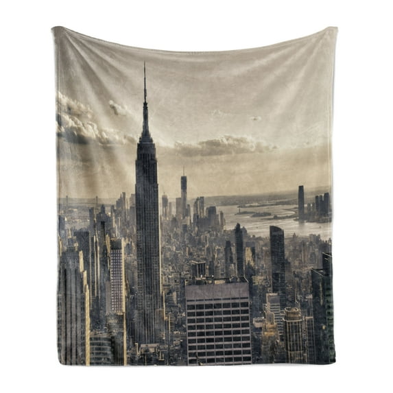 New York Soft Flannel Fleece Blanket, Aerial View of NYC in Winter American Architecture Historical Popular Metropolis, Cozy Plush for Indoor and Outdoor Use, 50" x 60", Beige Grey, by Ambesonne