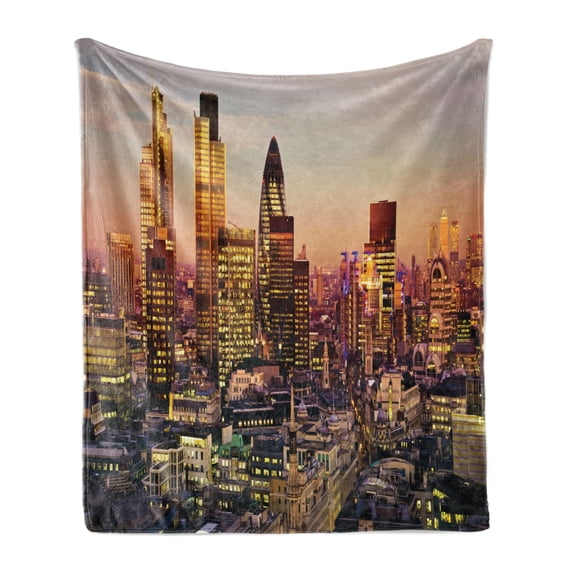 New York Soft Flannel Fleece Blanket, Global City Sunset Reflecting on Skyscrapers Famous Town Landmark View Photo Print, Cozy Plush for Indoor and Outdoor Use, 60" x 80", Multicolor, by Ambesonne