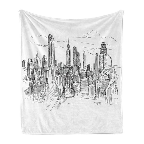 New York Soft Flannel Fleece Blanket, Hand Drawn NYC Cityscape Tourism Travel Industrial Center Town Modern City Design, Cozy Plush for Indoor and Outdoor Use, 50" x 60", Grey White, by Ambesonne