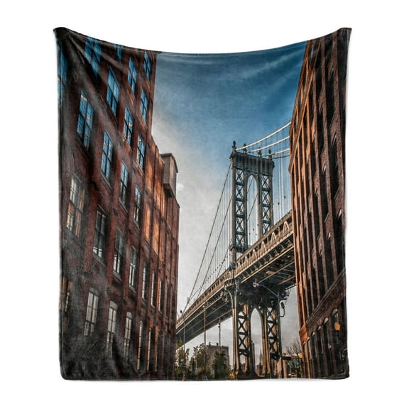 New York Soft Flannel Fleece Blanket, Manhattan Bridge Seen from Narrow Alley Island Borough Globally Influential Town NYC, Cozy Plush for Indoor and Outdoor Use, 70" x 90", Blue Red, by Ambesonne