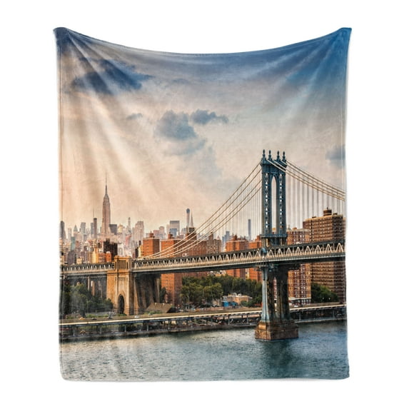 New York Soft Flannel Fleece Blanket, Manhattan Bridge and the New York Skyline at Sunset East River Highrise Buildings, Cozy Plush for Indoor and Outdoor Use, 70" x 90", Multicolor, by Ambesonne