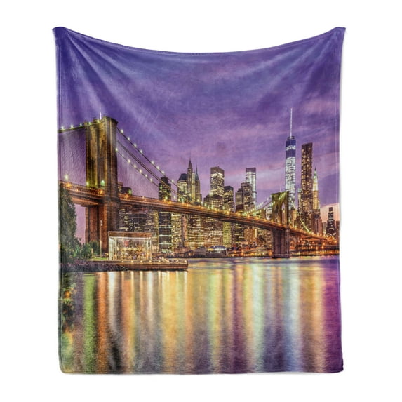 New York Soft Flannel Fleece Blanket, NYC Exquisite Skyline Manhattan Broadway Old Neighborhood Tourist Country Print, Cozy Plush for Indoor and Outdoor Use, 60" x 80", Purple Yellow, by Ambesonne