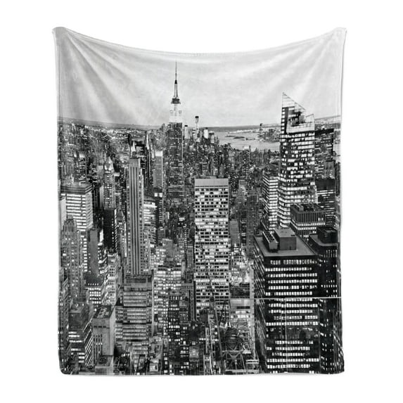 New York Soft Flannel Fleece Blanket, Panorama of Manhattan High Buildings of City Famous Monument USA Black and White Photo, Cozy Plush for Indoor and Outdoor Use, 60" x 80", Grey, by Ambesonne