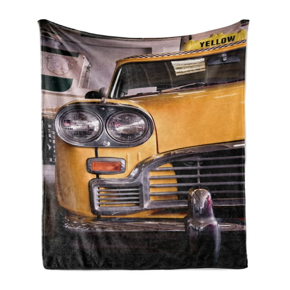 New York Soft Flannel Fleece Blanket, Picture of Antique Yellow Taxi Historic Element of Old NYC Nostalgia Vintage Cab, Cozy Plush for Indoor and Outdoor Use, 50" x 70", Yellow Grey, by Ambesonne