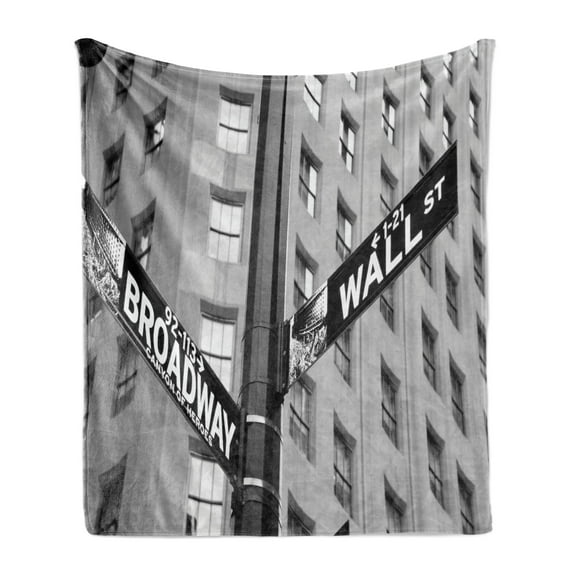 New York Soft Flannel Fleece Blanket, Street Signs of Intersection of Wall Street and Broadway Finance Destinations, Cozy Plush for Indoor and Outdoor Use, 50" x 60", Black and White, by Ambesonne