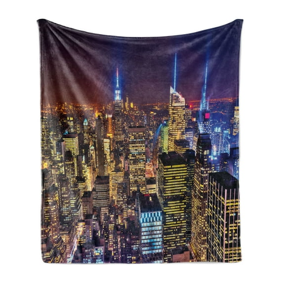 New York Soft Flannel Fleece Throw Blanket, Aerial Cityscape Landmark Fourth of July Independence Penthouse Modern Image, Cozy Plush for Indoor and Outdoor Use, 70" x 90", Purple Yellow, by Ambesonne