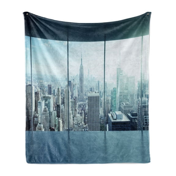 New York Soft Flannel Fleece Throw Blanket, Aerial View of a Big Crowded Modern City from the Office New York Buildings Urban, Cozy Plush for Indoor and Outdoor Use, 70" x 90", Sky Blue, by Ambesonne