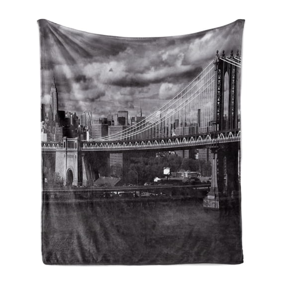 New York Soft Flannel Fleece Throw Blanket, Black and White Panorama of NYC Skyline Focus on Manhattan Bridge Photograph Print, Cozy Plush for Indoor and Outdoor Use, 60" x 80", Grey, by Ambesonne