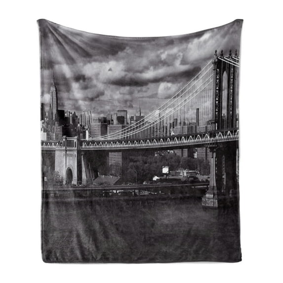 New York Soft Flannel Fleece Throw Blanket, Black and White Panorama of NYC Skyline Focus on Manhattan Bridge Photograph Print, Cozy Plush for Indoor and Outdoor Use, 70" x 90", Grey, by Ambesonne