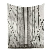 New York Soft Flannel Fleece Throw Blanket, Brooklyn Bridge Cables and New York City Downtown Skyline Photography Urban, Cozy Plush for Indoor and Outdoor Use, 70" x 90", Dust and Black, by Ambesonne