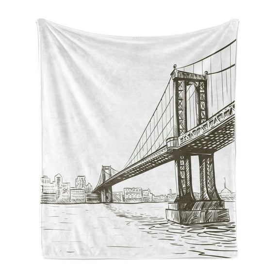 New York Soft Flannel Fleece Throw Blanket, Digital Drawn Brooklyn Bridge Unusual Graffiti Style Old Urban Cityscape Print, Cozy Plush for Indoor and Outdoor Use, 60" x 80", Brown White, by Ambesonne