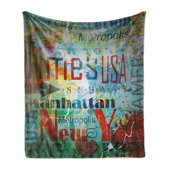 New York Soft Flannel Fleece Throw Blanket, Grunge Collage of Words American Culture Country Metropolis Modern Urban Design, Cozy Plush for Indoor and Outdoor Use, 70" x 90", Multicolor, by Ambesonne