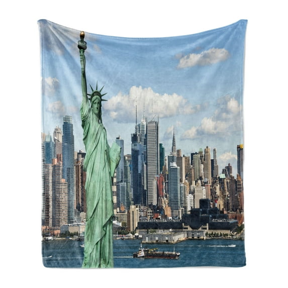 New York Soft Flannel Fleece Throw Blanket, Liberty in NYC Harbor Urban City Print Famous Cultural Landmark Picture, Cozy Plush for Indoor and Outdoor Use, 50" x 60", Mint Blue, by Ambesonne