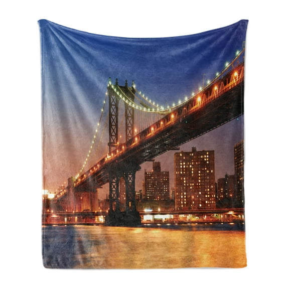 New York Soft Flannel Fleece Throw Blanket, Manhattan Bridge with Cityscape over River Brooklyn Popular Town Image, Cozy Plush for Indoor and Outdoor Use, 50" x 70", Blue Orange, by Ambesonne