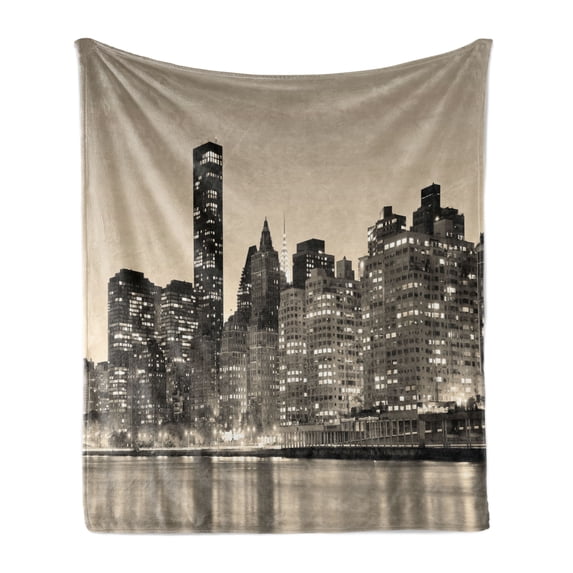 New York Soft Flannel Fleece Throw Blanket, Manhattan Skyline at Night East River Panoramic Famous City Urban Life in USA, Cozy Plush for Indoor and Outdoor Use, 60" x 80", Sepia Black, by Ambesonne