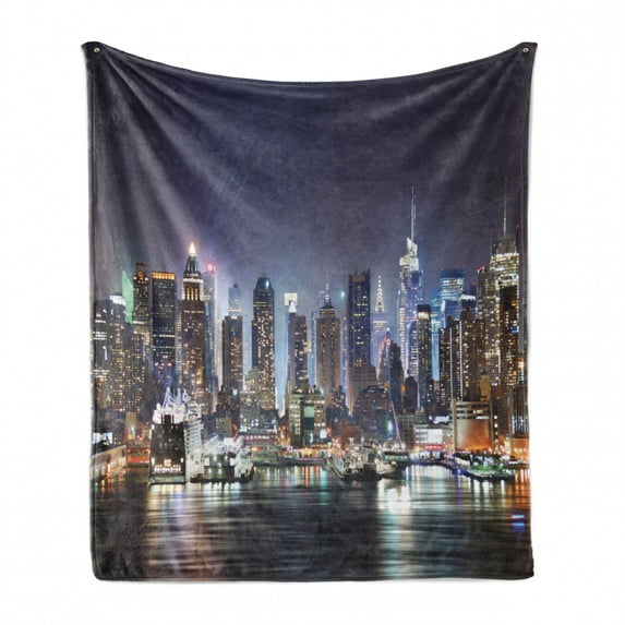 New York Soft Flannel Fleece Throw Blanket, Manhattan Skyline at Night Skyscrapers Panoramic on Tranquil River Picture, Cozy Plush for Indoor and Outdoor Use, 60" x 80", Blue and Orange, by Ambesonne
