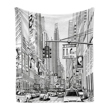 New York Soft Flannel Fleece Throw Blanket, Monochrome Sketch Drawing of Downtown Manhattan Traffic Jam Advertisements, Cozy Plush for Indoor and Outdoor Use, 50" x 60", Black and White, by Ambesonne