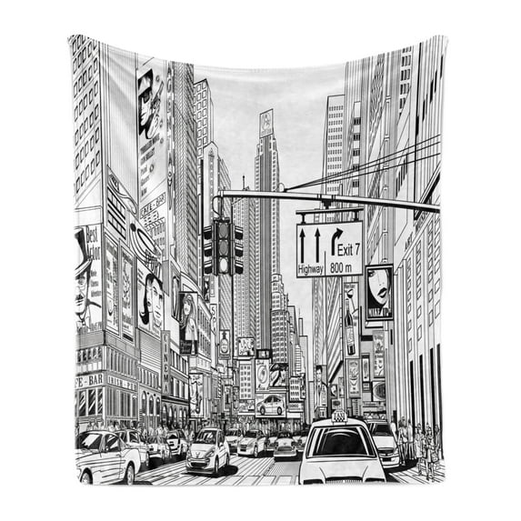 New York Soft Flannel Fleece Throw Blanket, Monochrome Sketch Drawing of Downtown Manhattan Traffic Jam Advertisements, Cozy Plush for Indoor and Outdoor Use, 60" x 80", Black and White, by Ambesonne