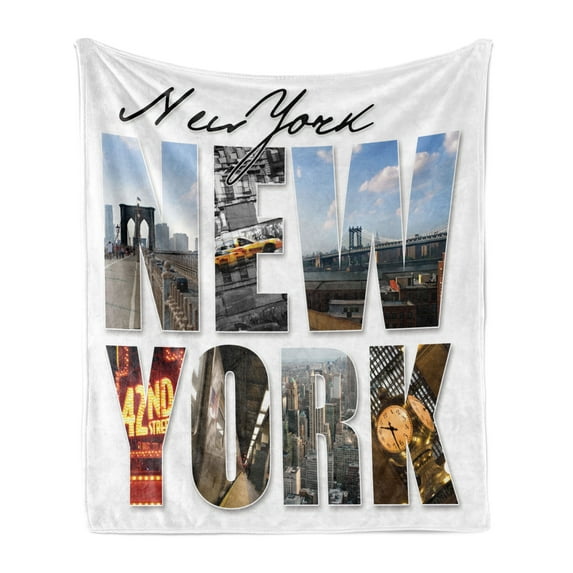 New York Soft Flannel Fleece Throw Blanket, NYC Collage Featuring Different Areas of the Big Apple Manhattan American Urban, Cozy Plush for Indoor and Outdoor Use, 60" x 80", Multicolor, by Ambesonne