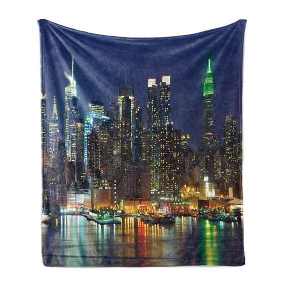 New York Soft Flannel Fleece Throw Blanket, NYC Midtown Skyline in Evening Skyscrapers Metropolis City States Photo, Cozy Plush for Indoor and Outdoor Use, 60" x 80", Royal Blue, by Ambesonne