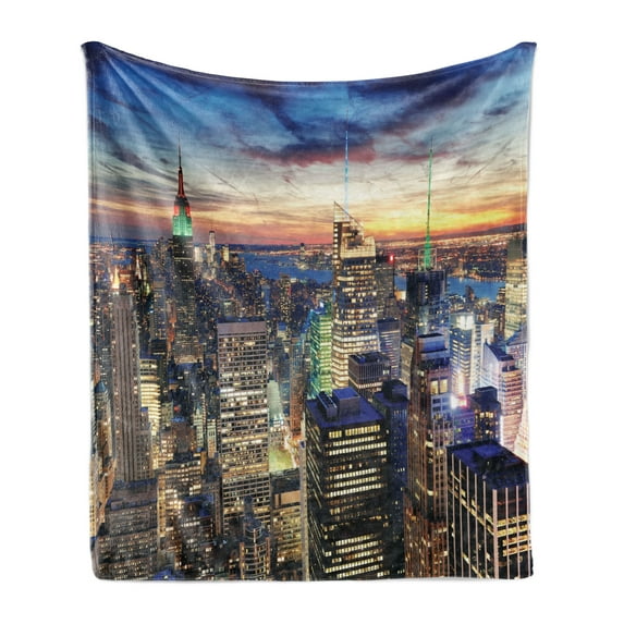 New York Soft Flannel Fleece Throw Blanket, Skyline of NYC Urban Skyscrapers at Sunset Dawn Streets USA Architecture, Cozy Plush for Indoor and Outdoor Use, 70" x 90", Orange Blue, by Ambesonne