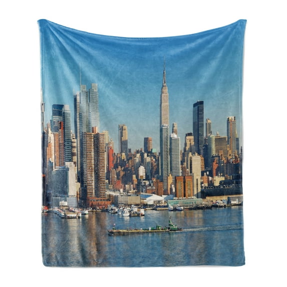 New York Soft Flannel Fleece Throw Blanket, Urban City Skyline Manhattan with Empire State Building over River Panorama, Cozy Plush for Indoor and Outdoor Use, 70" x 90", Blue Grey, by Ambesonne