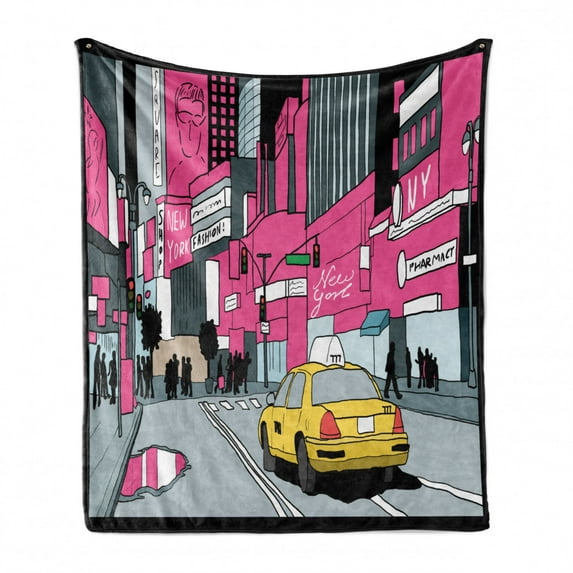 New York Soft Flannel Fleece Throw Blanket, View of Manhattan and a Taxi Cab at Times Square, Cozy Plush for Indoor and Outdoor Use, 50" x 60", Grey Teal Pink, by Ambesonne