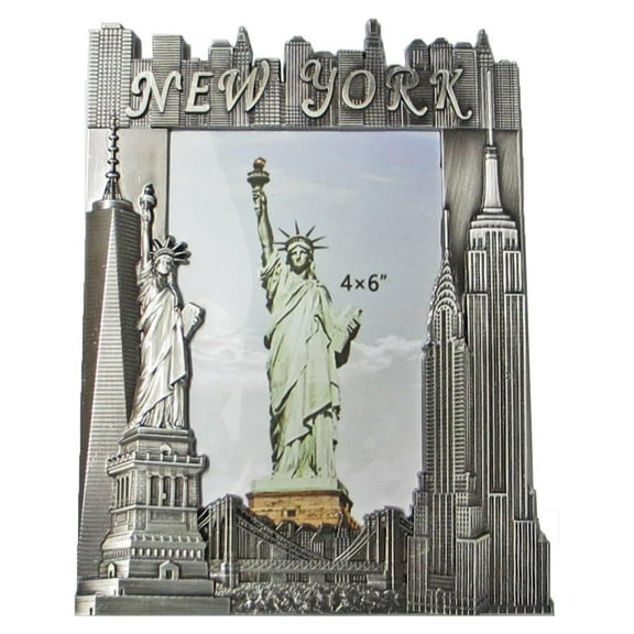 New York Souvenir Metal Pewter Picture Frame with Statue of Empire State Building Freedom Tower NYC Skyline Fits 4x6 Photo