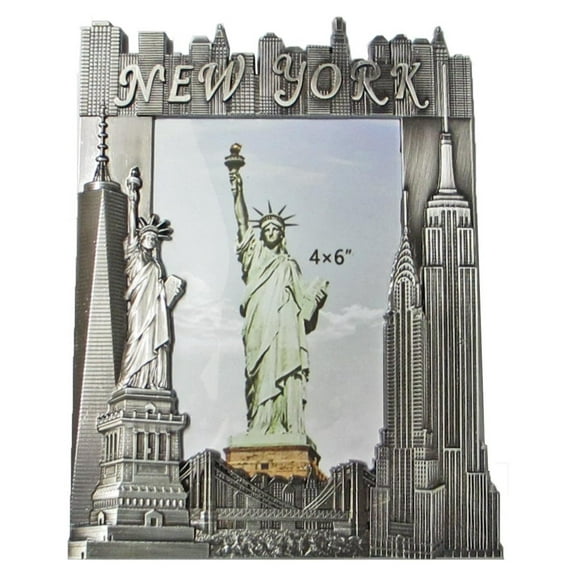 New York Souvenir Metal Pewter Picture Frame with Statue of Empire State Building Freedom Tower NYC Skyline Fits 4x6 Photo