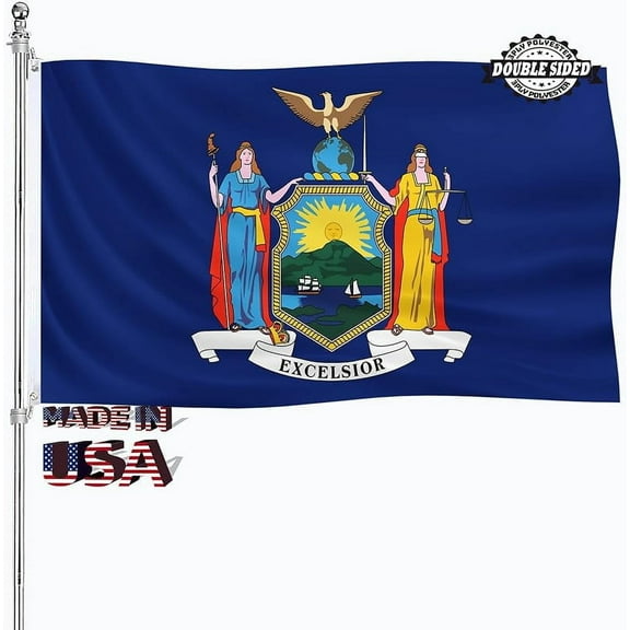 New York State Flag 3x5 Double Sided NY State Flags Outdoor Heavy Duty 3 Ply Polyester Material with 2 Metal Grommets 4 Rows of Stitching