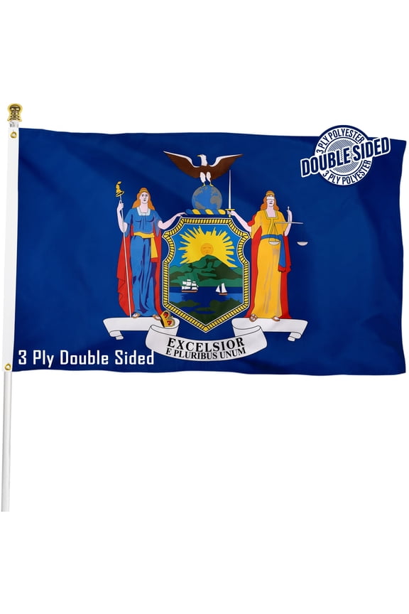 New York State Flag Double Sided 3x5 ft, Heavy Duty 3 Ply Durable Polyester, NY Flag with Vibrant Print/4 Rows Hemming/Brass Grommets