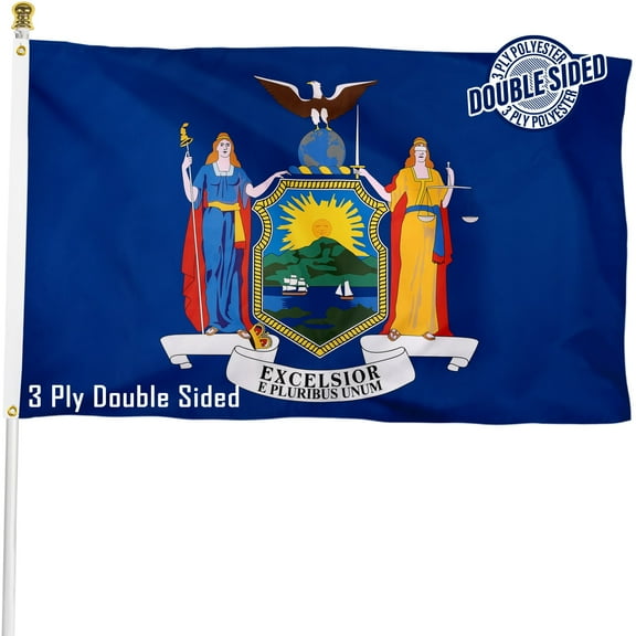 New York State Flag Double Sided 3x5 ft, Heavy Duty 3 Ply Durable Polyester, NY Flag with Vibrant Print/4 Rows Hemming/Brass Grommets