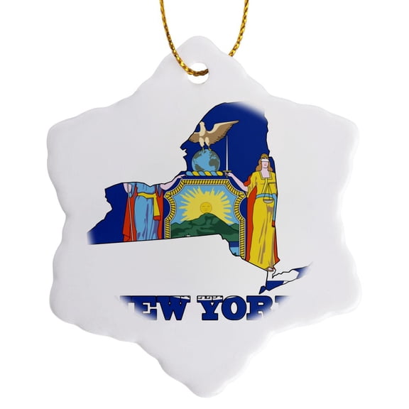 3drose, New York State Flag in the Outline Map and Letters for New York, 3 inch Snowflake Porcelain Ornament