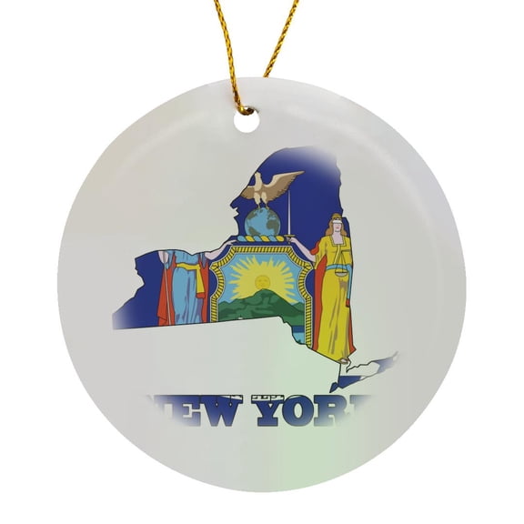 3drose, New York State Flag in the Outline Map and Letters for New York, Circle Porcelain Ornament