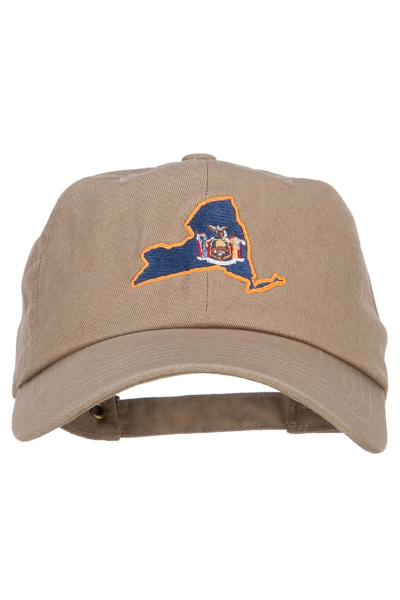 New York State Flag Map Embroidered Unstructured Washed Cap - Khaki OSFM