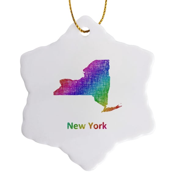 3drose, New York State Map - Rainbow Sketch Design, 3 inch Snowflake Porcelain Ornament
