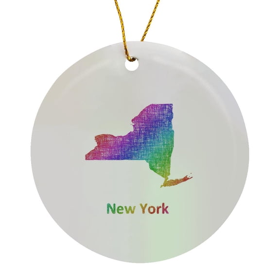 3drose, New York State Map - Rainbow Sketch Design, Circle Porcelain Ornament