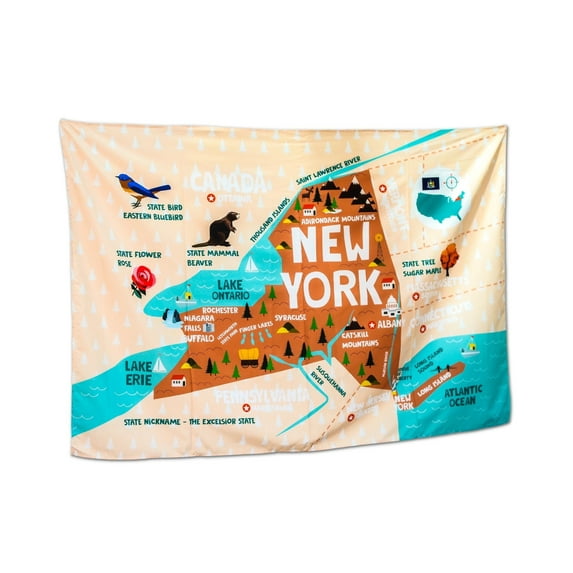 Birdy Boutique New York Map Tapestry – 60" x 40" Educational Wall Hanging for Kids – State Landmarks, Cities, & Fun Facts – Lightweight & Easy to Hang Classroom or Homeschool Decor