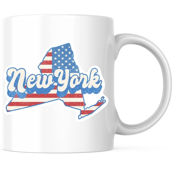 New York State Outline Coffee Mug - NY State Shape with USA Flag - 11 Ounce Coffee Mug - White Interior & Handle - Choose Your State - Design Printed On Both Sides - Glossy Ceramic - BMCM01158