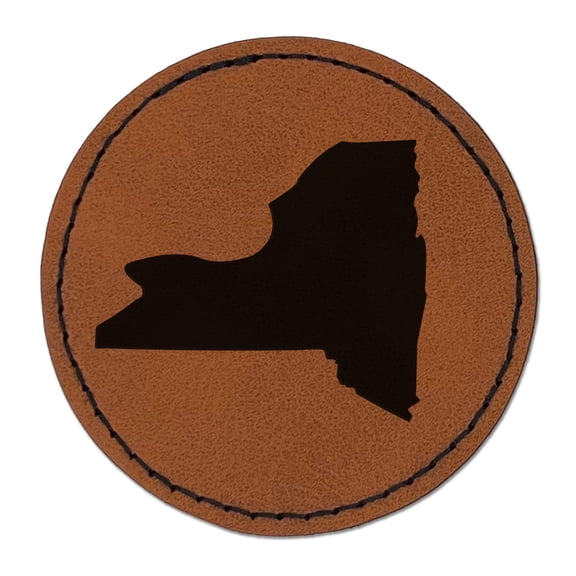 New York State Silhouette 2.5" Faux Leather Round Engraved Iron-On Patch - Brown