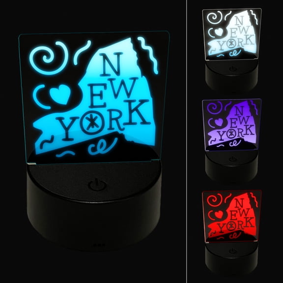 New York State with Text Swirls LED Night Light Sign 3D Illusion Desk Nightstand Lamp
