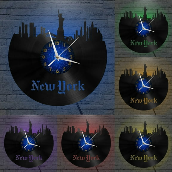New York Statue of Liberty Scenery 11 Vinyl Record Wall Clock for Kitchen Wall Decor Wall Art Gift for Lover Gift Idea for a Best Friend(B,with LED)