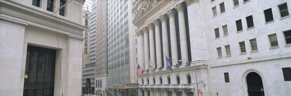 New York Stock Exchange in Financial District of Lower Manhattan New York City NY Canvas Art - Panoramic Images (27 x 9)