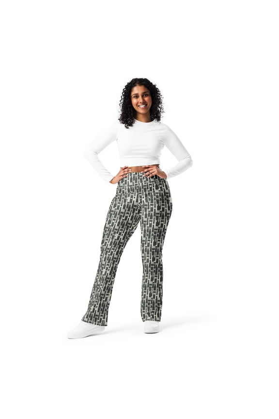 New York Street Flare Leggings, Abstract Print Flare Leggings, Dark Color Flare Leggings