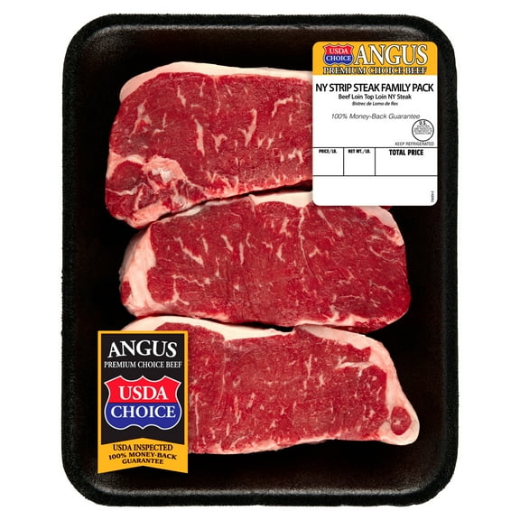 New York Strip Steak, Choice Angus Beef, 3 Per Tray, Family Pack, 1.53 - 3.33 lb
