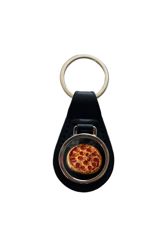 New York Style Pepperoni Pizza Metal Black Leather Keychain