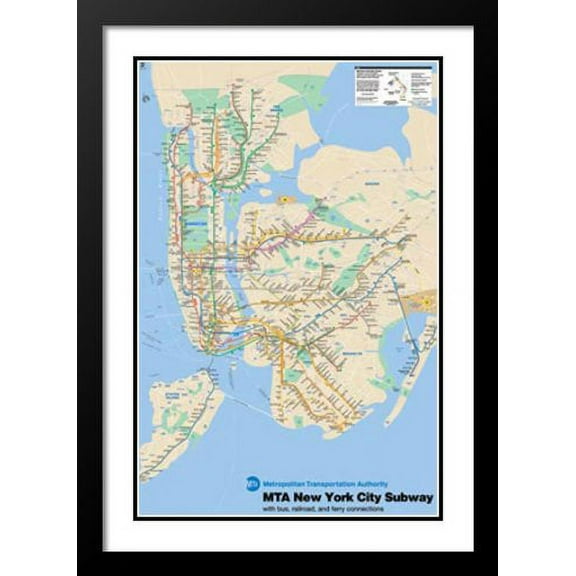 New York Subway Map 33x45 Framed and Double Matted Art Print.