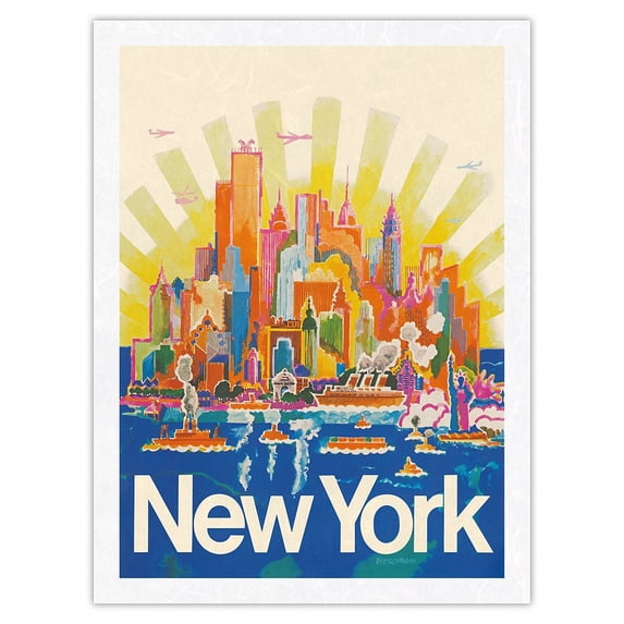 New York - Summer in the City - Vintage Airline Travel Poster by Harry Bertschmann c.1971 - Japanese Unryu Rice Paper Art Print 24 x 32 in