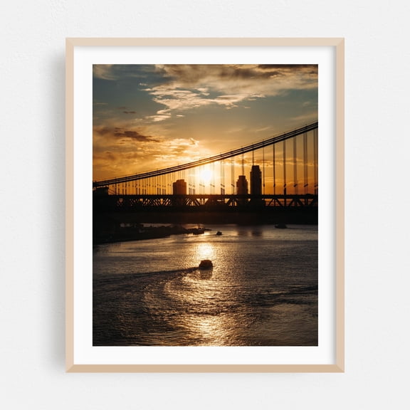New York Sunrise - Manhattan New York Photography Sunset Bridge Cityscape Water Silhouette Boat Harbor Oak Framed Wall Art Print 6 x 8 inches