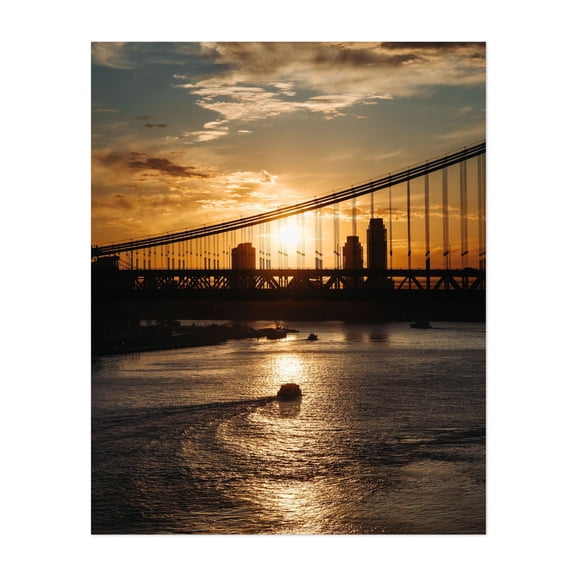 New York Sunrise - Manhattan New York Photography Sunset Bridge Cityscape Water Silhouette Boat Harbor Unframed Wall Art Print 6 x 8 inches